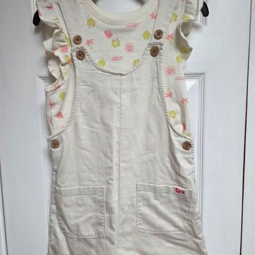 Girls 8 cream shorts overalls and sleeveless shirt set tropical print new